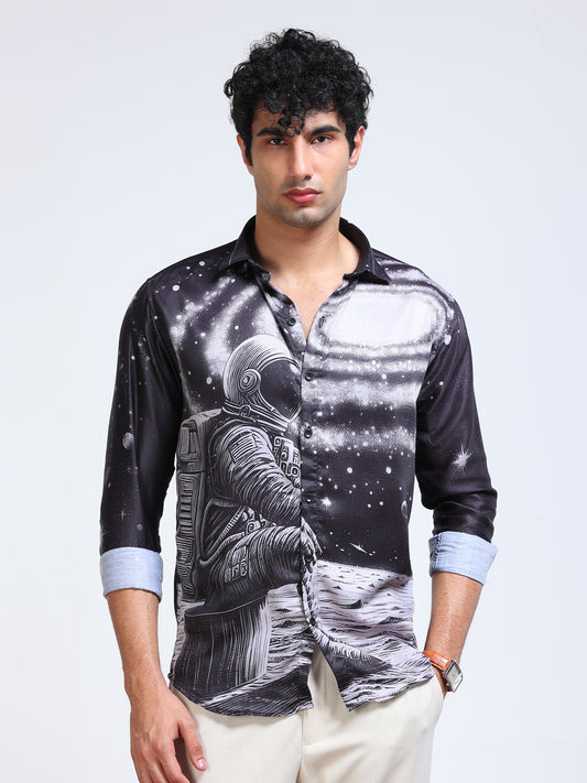 Men's Modal Satin Black Astronaut Galaxy Printed Shirt