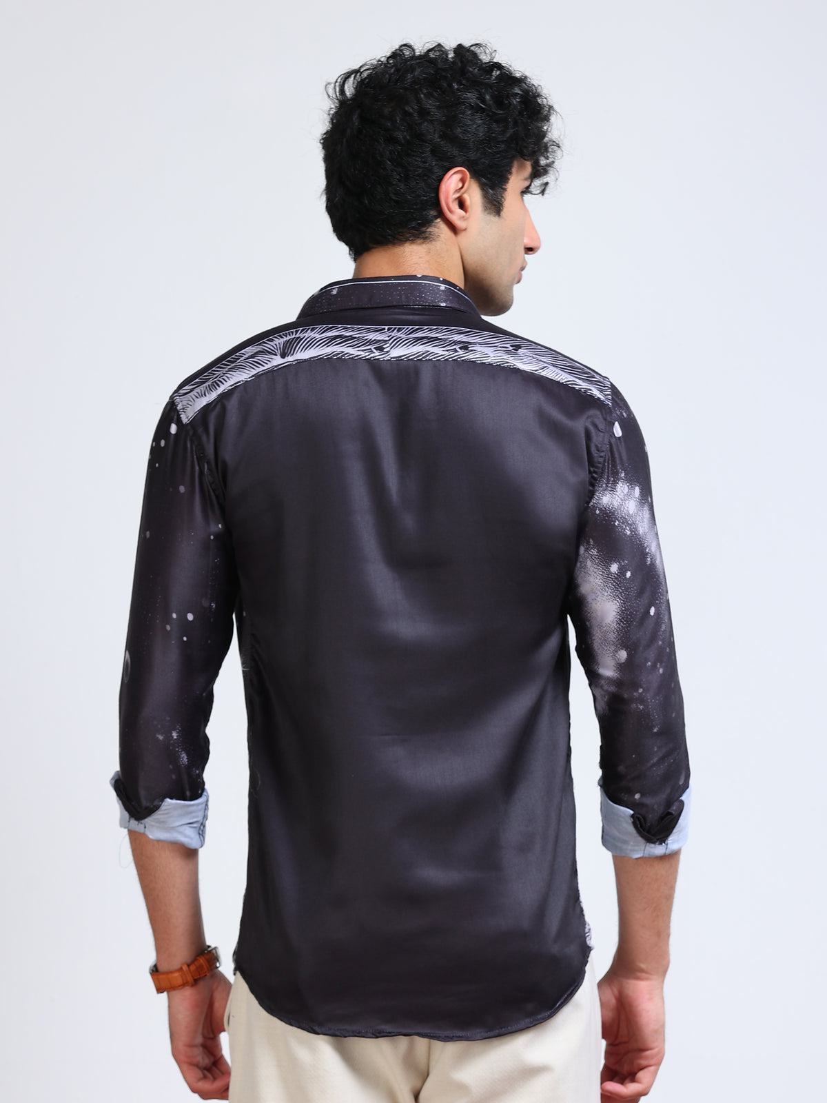 Men's Modal Satin Black Astronaut Galaxy Printed Shirt