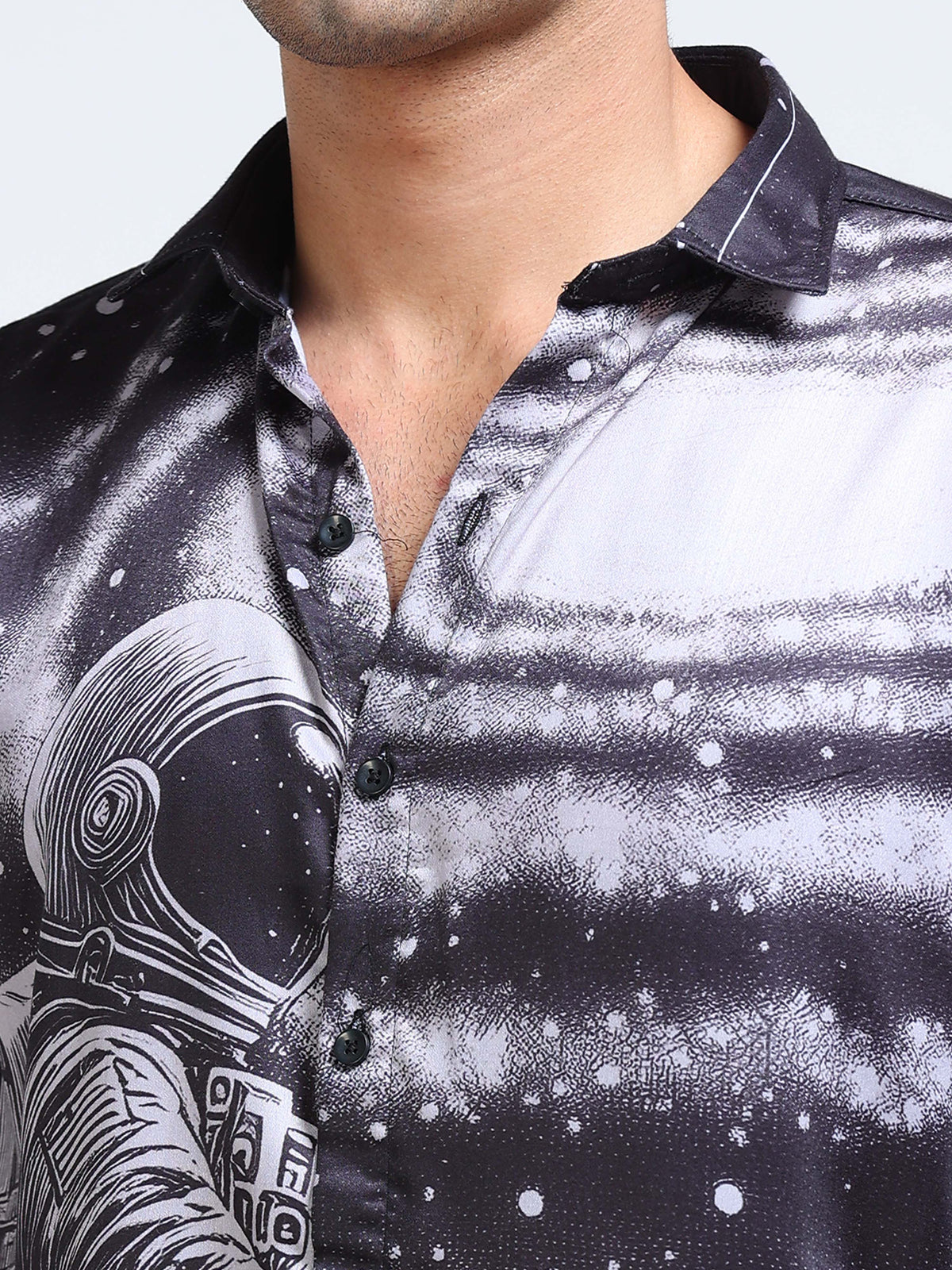 Men's Modal Satin Black Astronaut Galaxy Printed Shirt