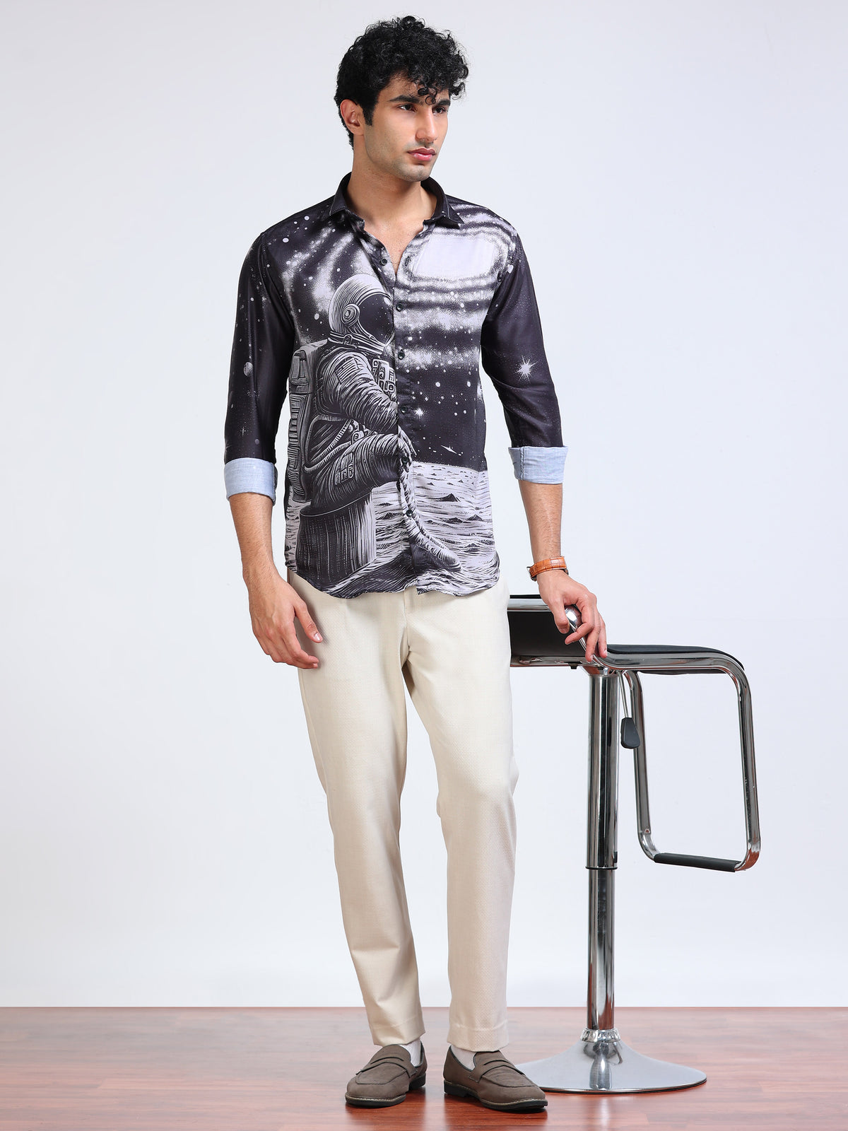 Men's Modal Satin Black Astronaut Galaxy Printed Shirt