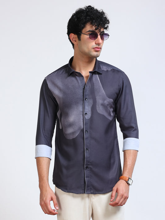 Men's Modal Satin Charcoal Abstract Portrait Printed Shirt