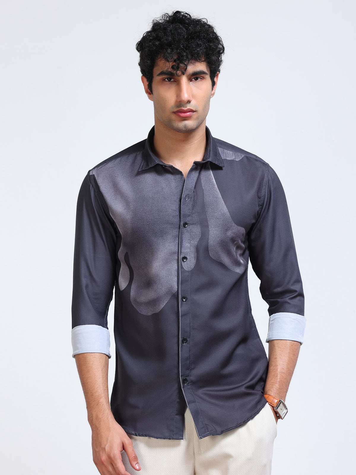 Men's Modal Satin Charcoal Abstract Portrait Printed Shirt