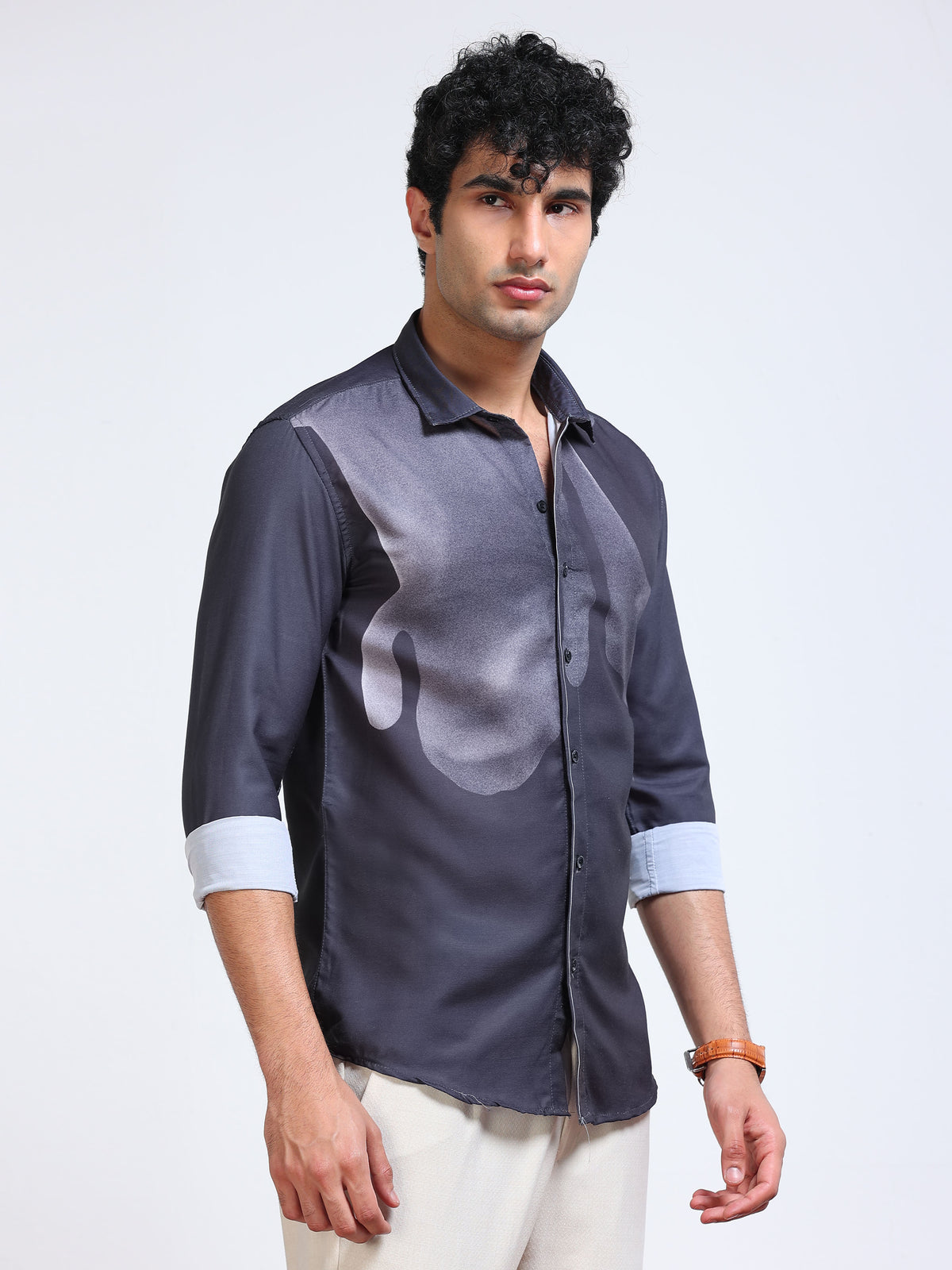 Men's Modal Satin Charcoal Abstract Portrait Printed Shirt