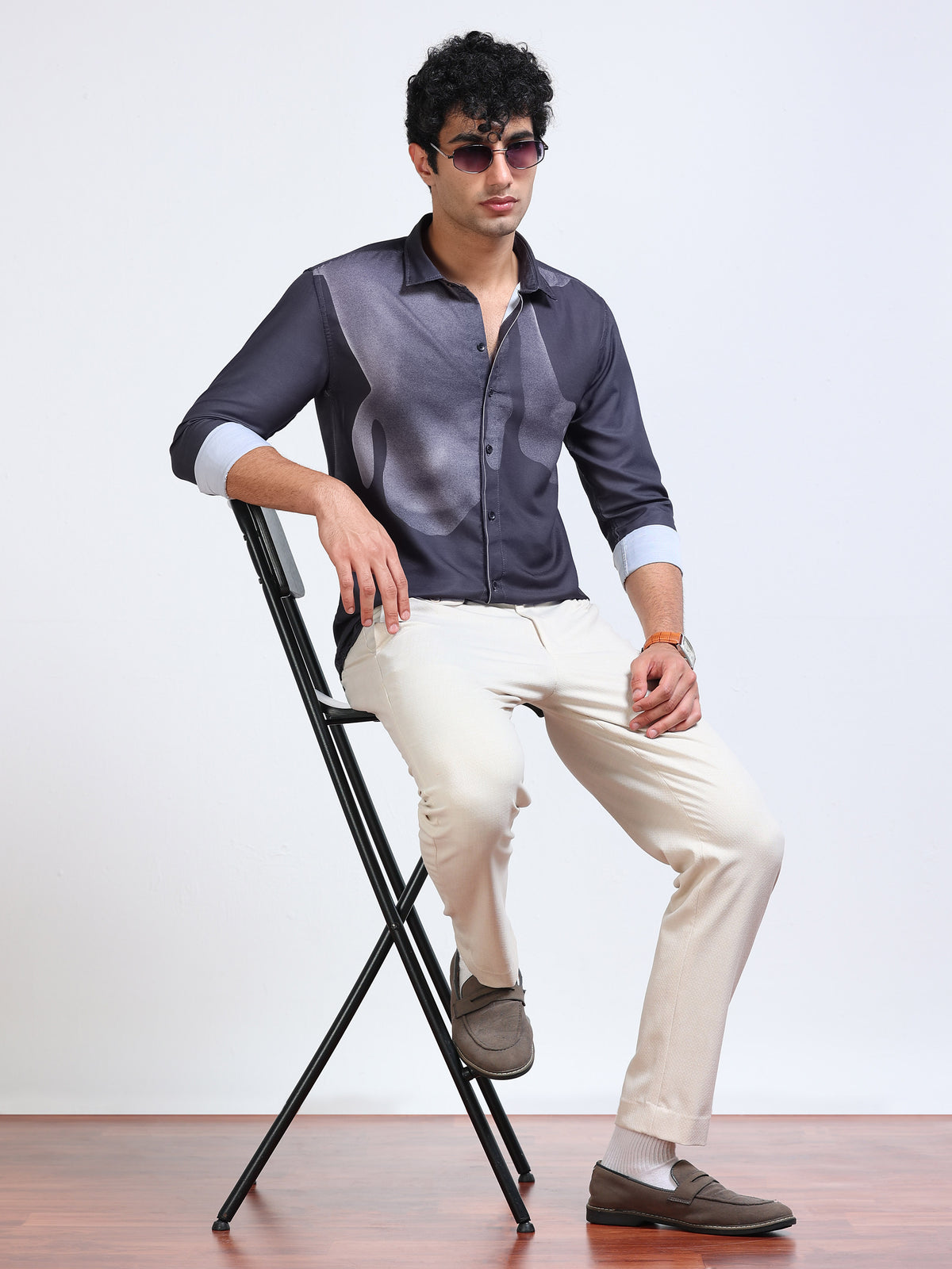 Men's Modal Satin Charcoal Abstract Portrait Printed Shirt