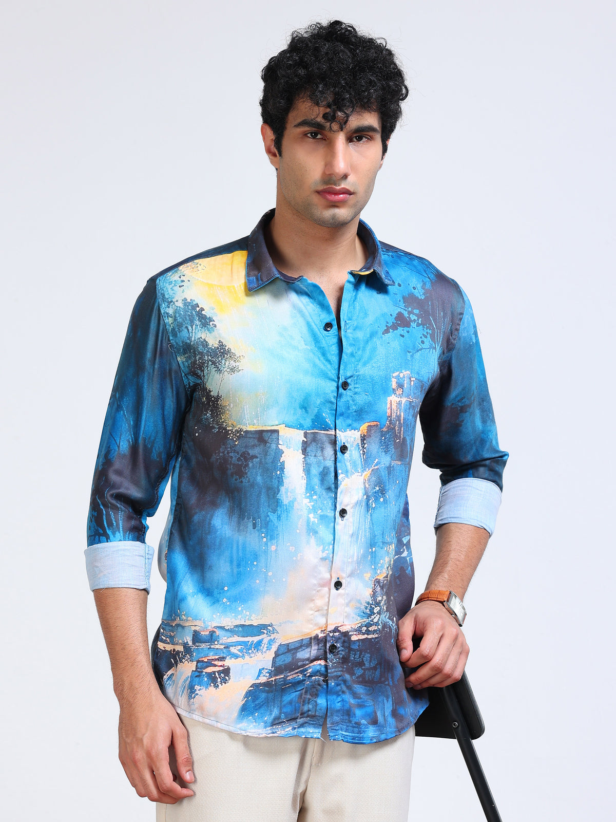 Men's Modal Satin Blue Waterfall Landscape Printed Shirt