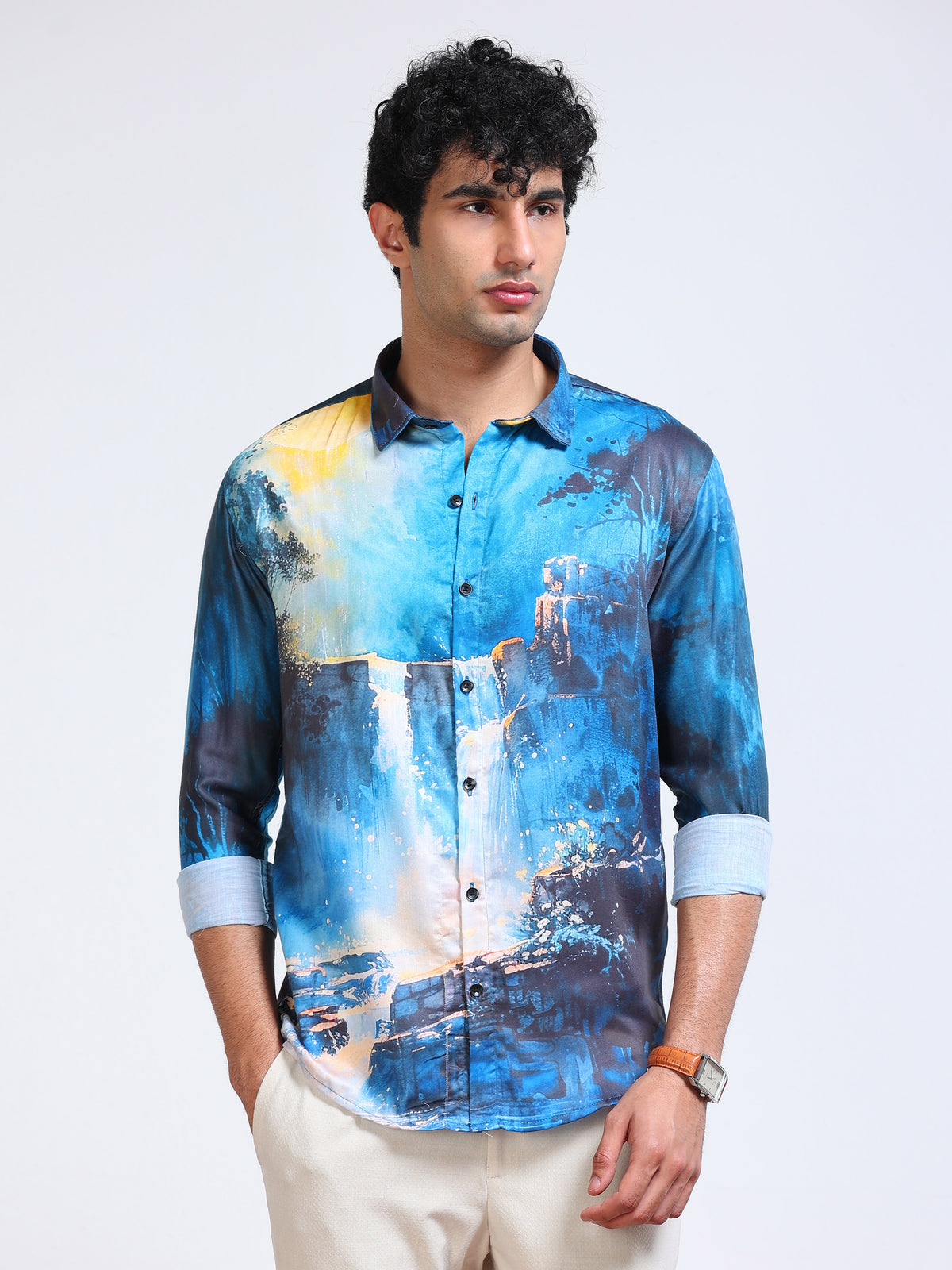 Men's Modal Satin Blue Waterfall Landscape Printed Shirt