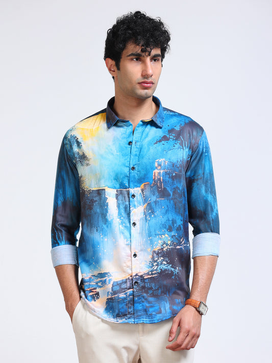 Men's Modal Satin Blue Waterfall Landscape Printed Shirt