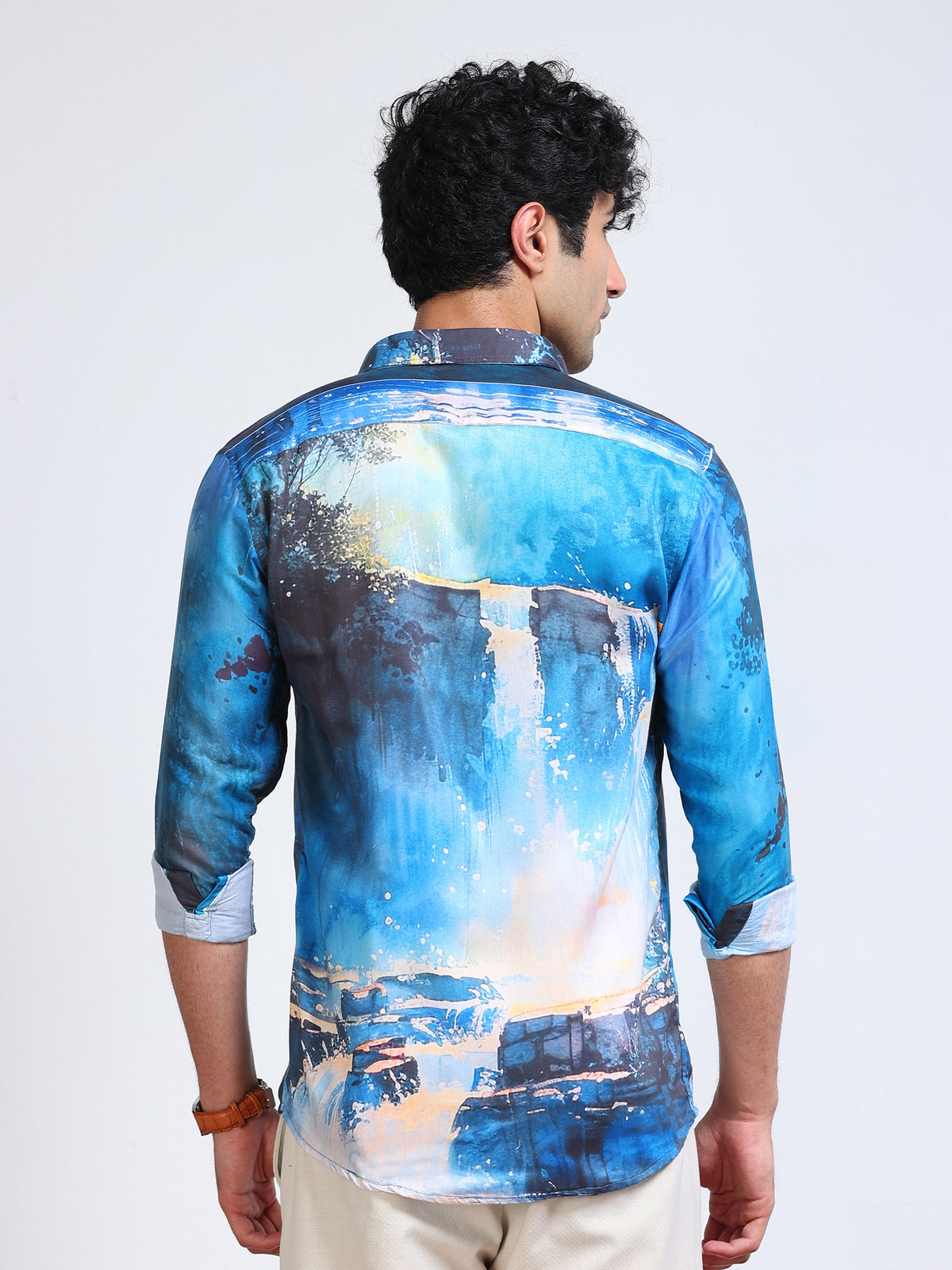 Men's Modal Satin Blue Waterfall Landscape Printed Shirt
