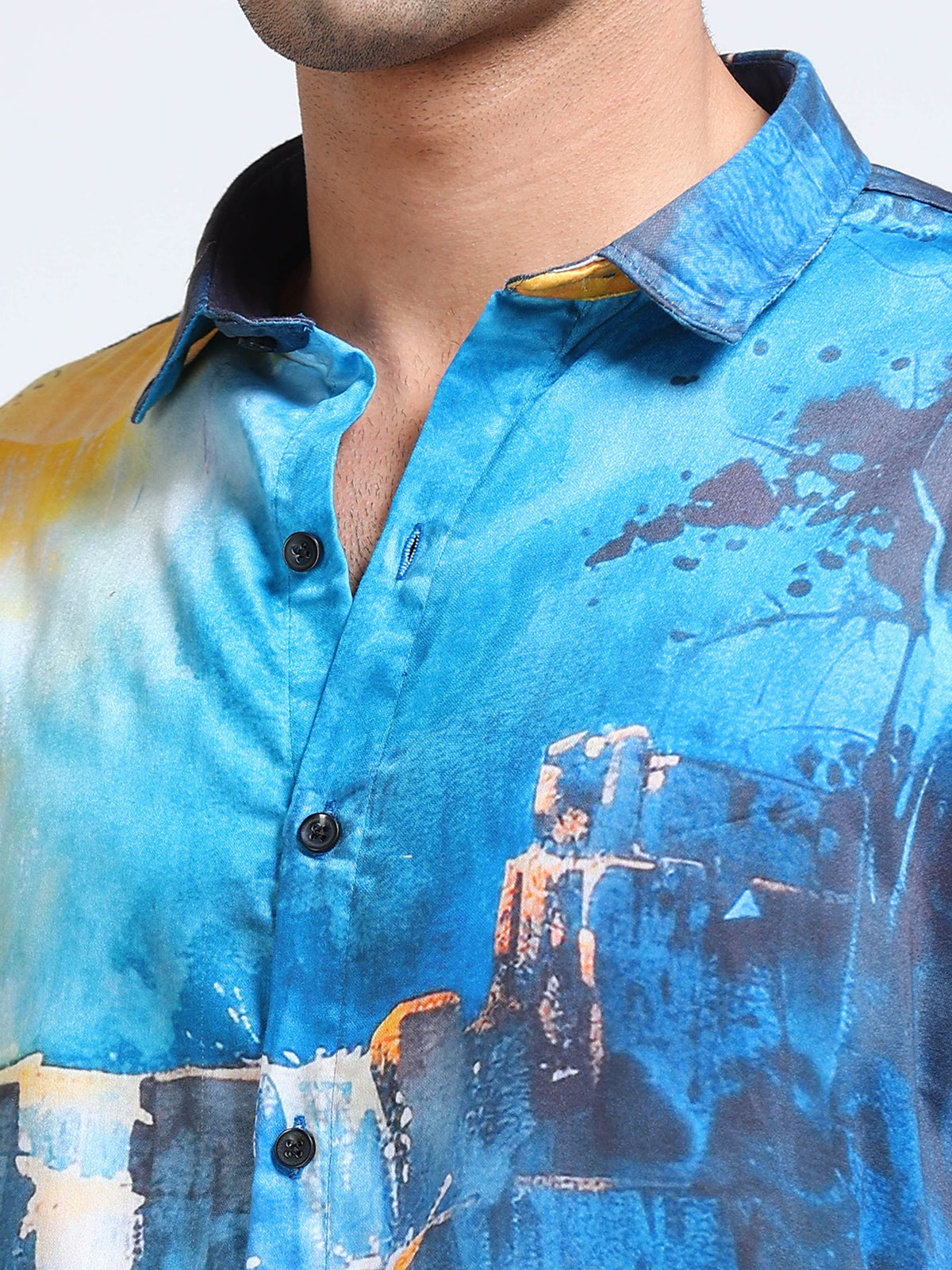Men's Modal Satin Blue Waterfall Landscape Printed Shirt