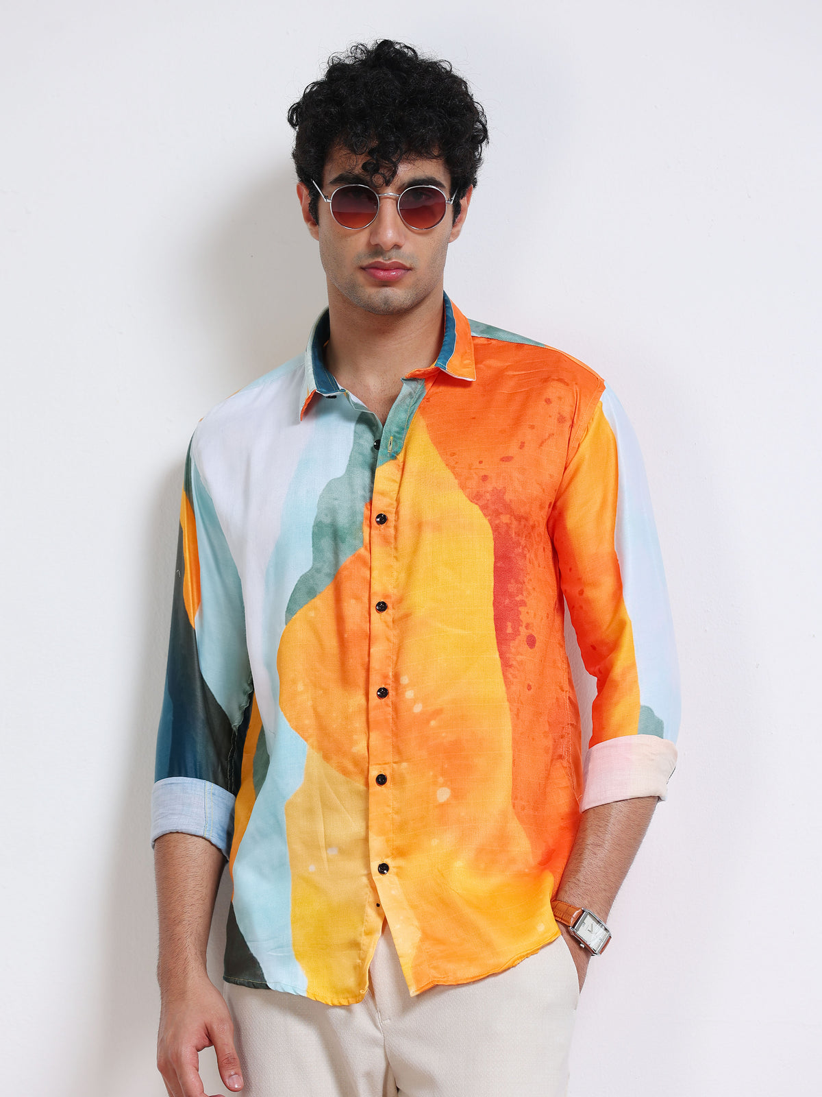 Men's Modal Satin Orange Teal Abstract Brushstroke Printed Shirt