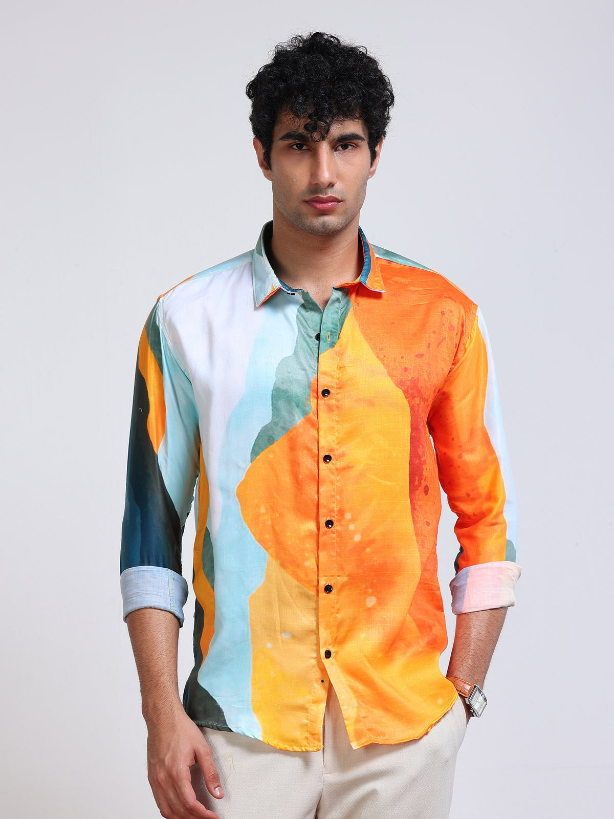 Men's Modal Satin Orange Teal Abstract Brushstroke Printed Shirt