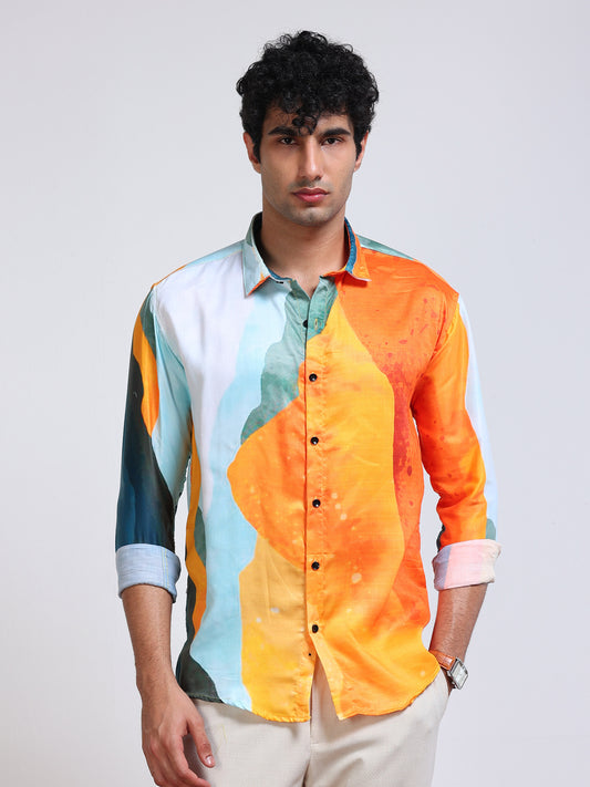 Men's Modal Satin Orange Teal Abstract Brushstroke Printed Shirt