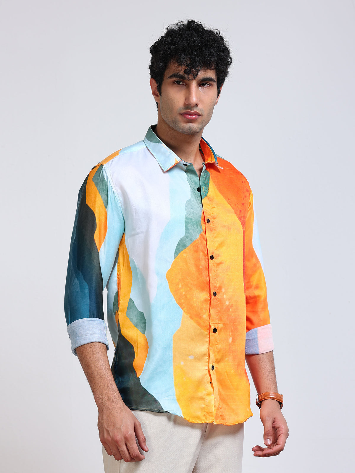 Men's Modal Satin Orange Teal Abstract Brushstroke Printed Shirt