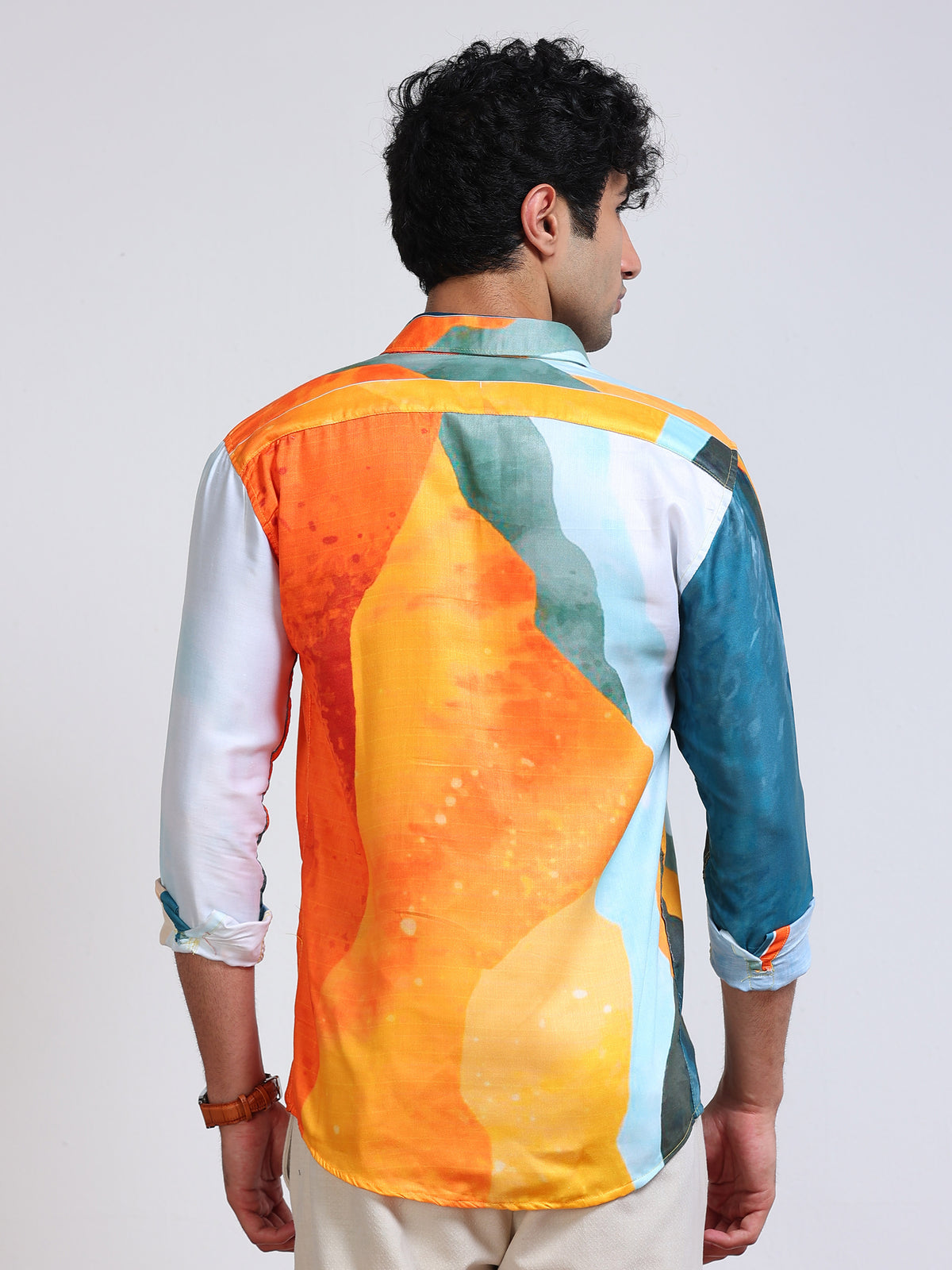 Men's Modal Satin Orange Teal Abstract Brushstroke Printed Shirt