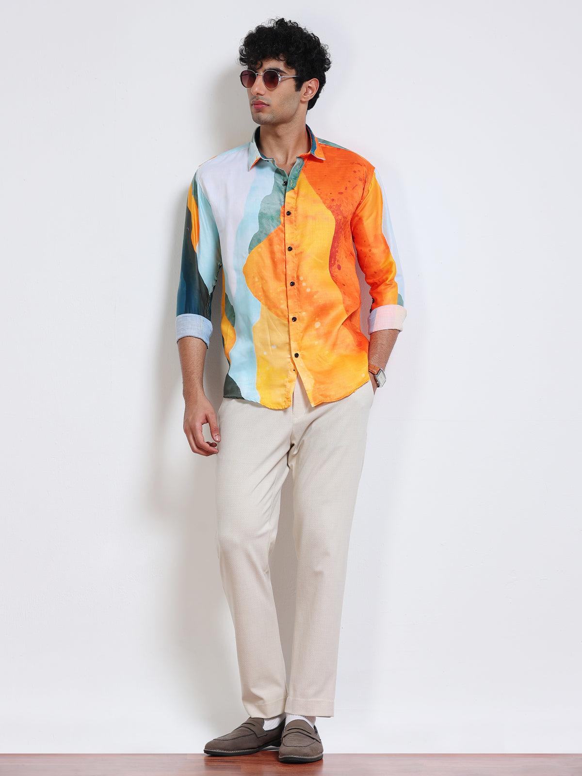 Men's Modal Satin Orange Teal Abstract Brushstroke Printed Shirt