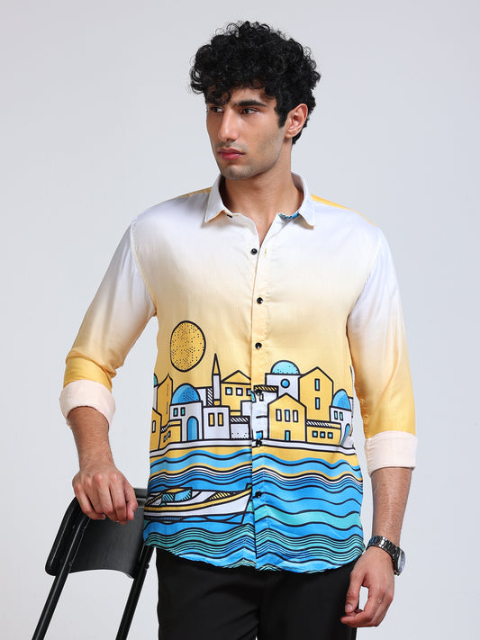 Men's Modal Satin Yellow White Coastal Town Printed Shirt