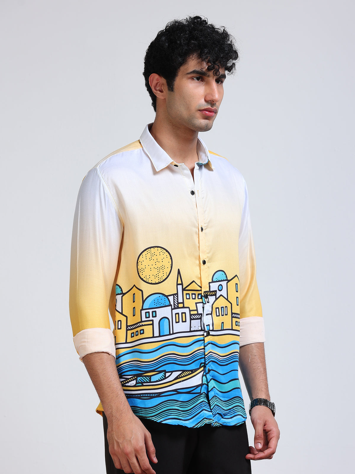 Men's Modal Satin Yellow White Coastal Town Printed Shirt