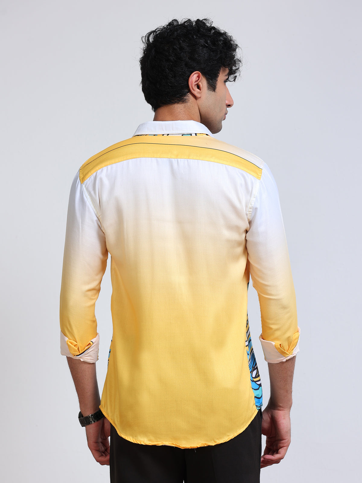 Men's Modal Satin Yellow White Coastal Town Printed Shirt