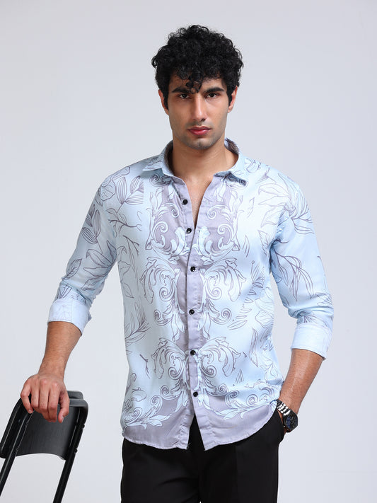 Men's Modal Satin White Grey Baroque Floral Printed Shirt