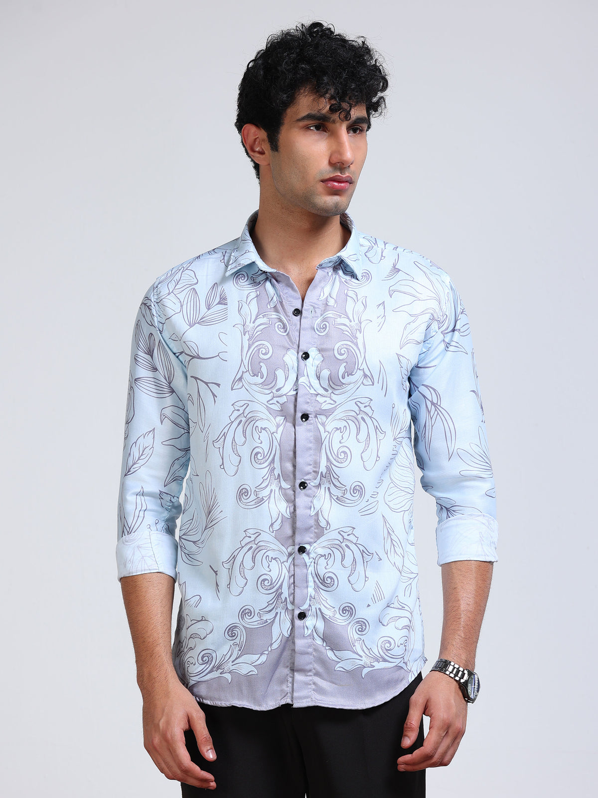 Men's Modal Satin White Grey Baroque Floral Printed Shirt