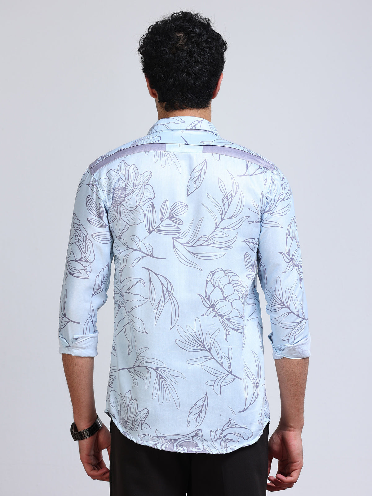 Men's Modal Satin White Grey Baroque Floral Printed Shirt