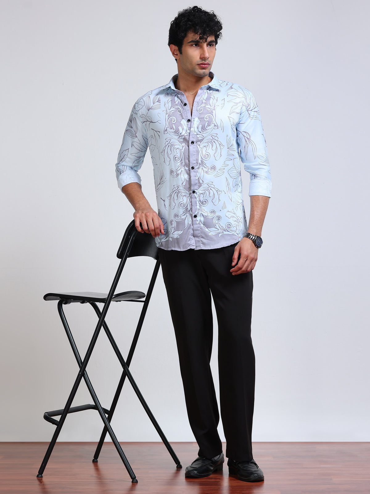 Men's Modal Satin White Grey Baroque Floral Printed Shirt