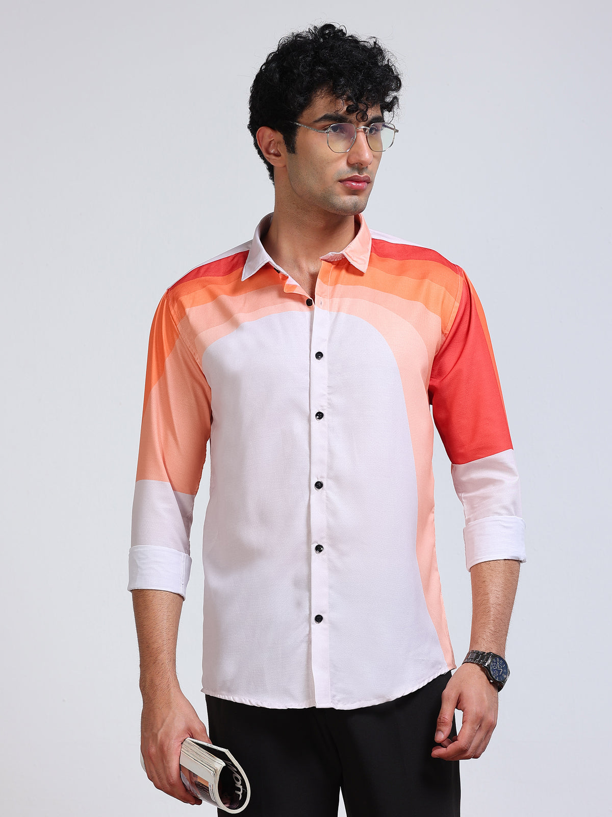 Men's Modal Satin Peach Coral Colour Block Printed Shirt