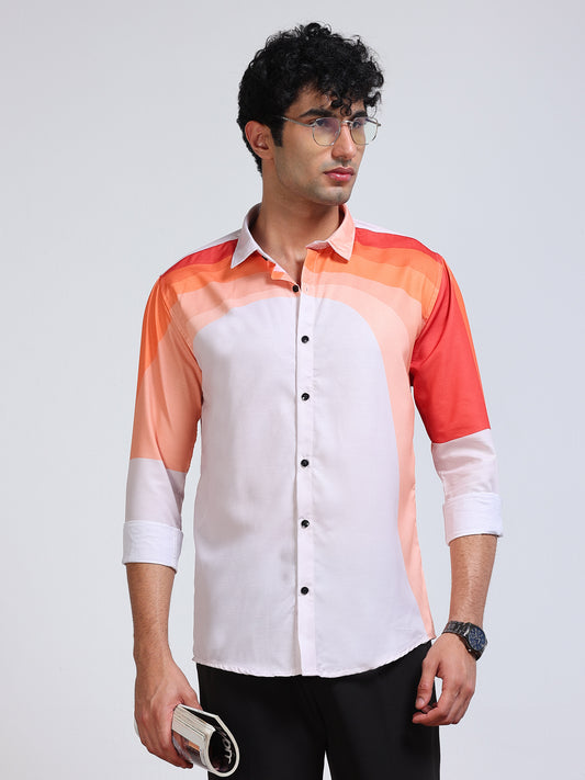 Men's Modal Satin Peach Coral Colour Block Printed Shirt