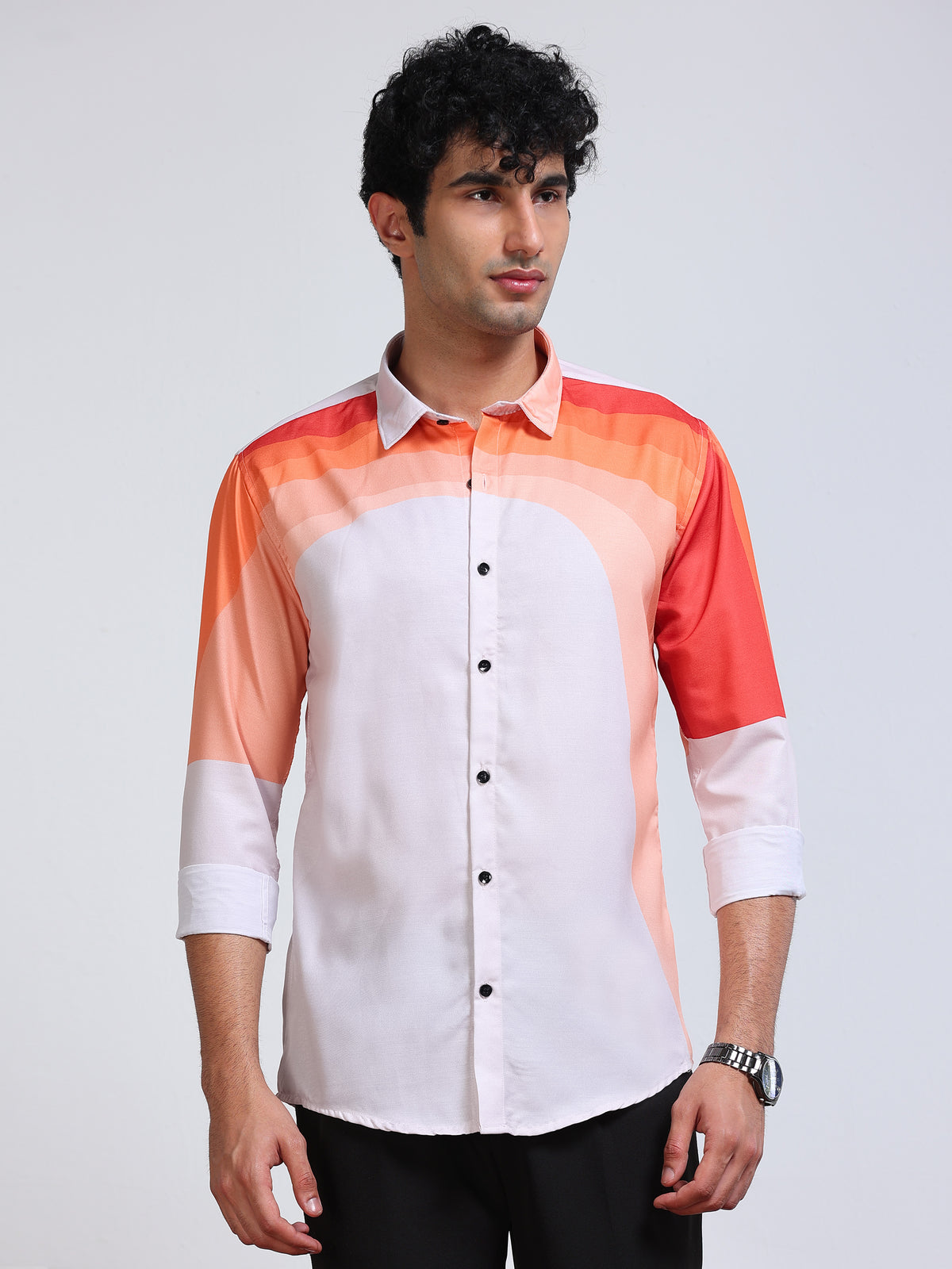 Men's Modal Satin Peach Coral Colour Block Printed Shirt