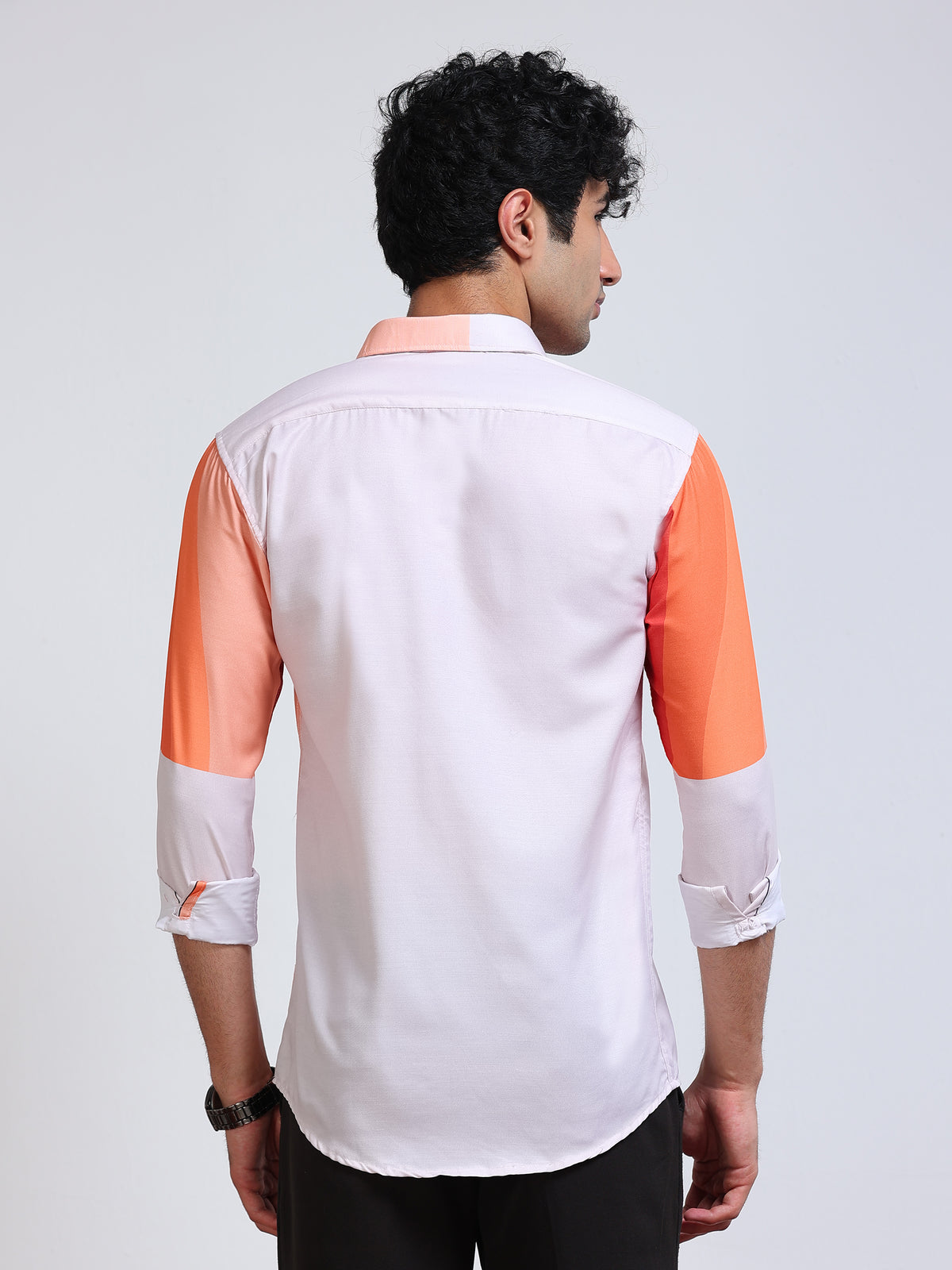 Men's Modal Satin Peach Coral Colour Block Printed Shirt