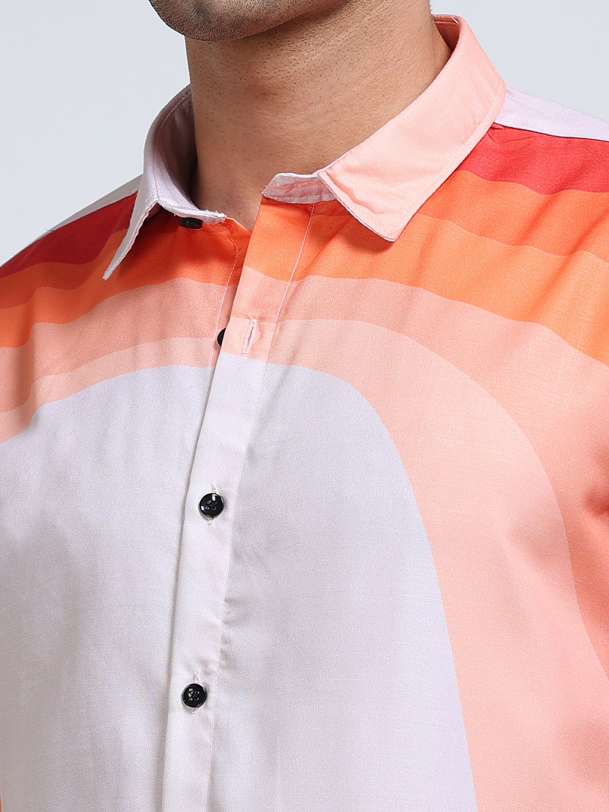 Men's Modal Satin Peach Coral Colour Block Printed Shirt
