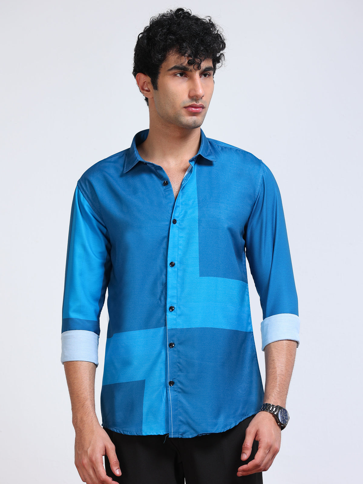 Men's Modal Satin Blue Colour Block Printed Shirt