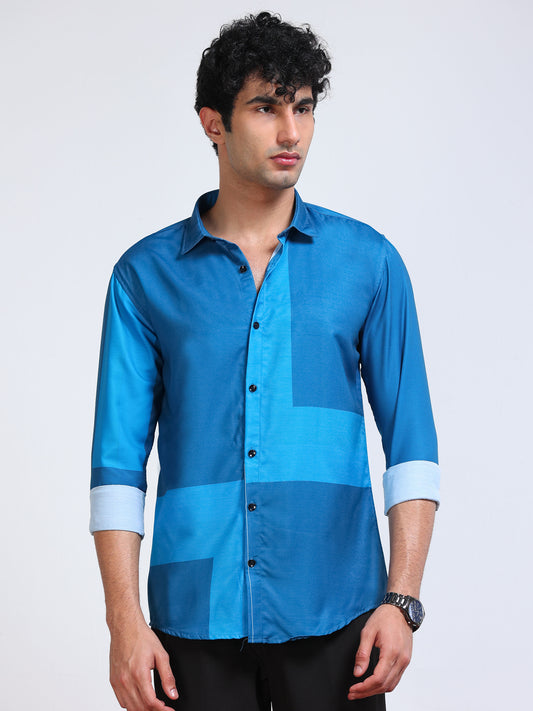 Men's Modal Satin Blue Colour Block Printed Shirt