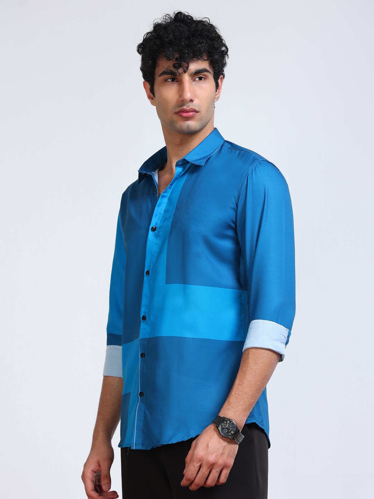 Men's Modal Satin Blue Colour Block Printed Shirt