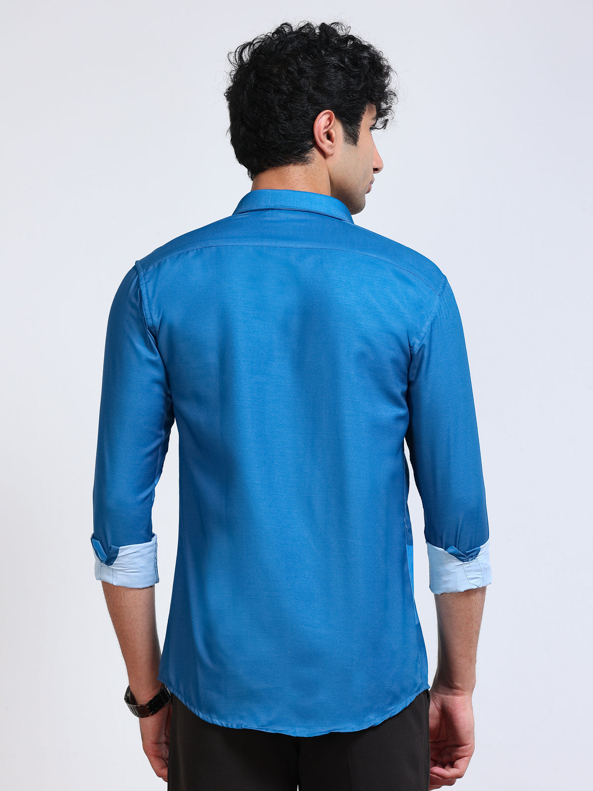 Men's Modal Satin Blue Colour Block Printed Shirt