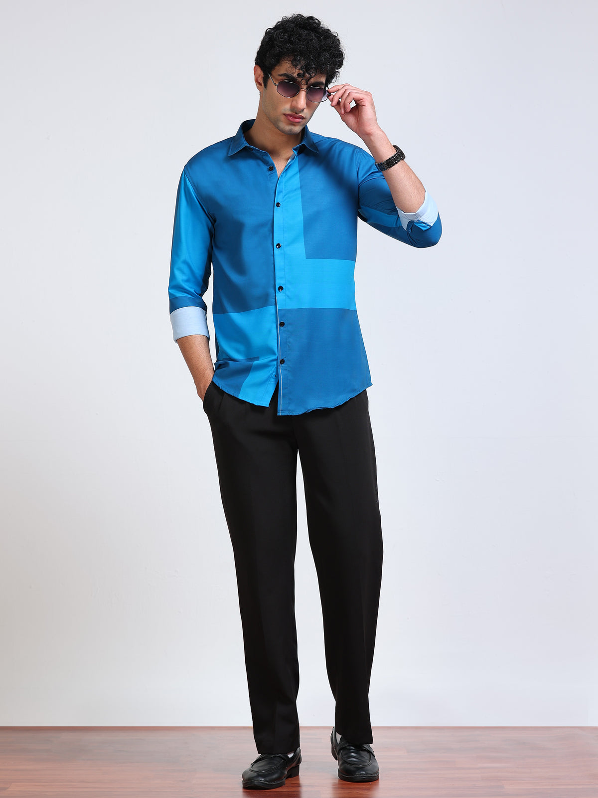 Men's Modal Satin Blue Colour Block Printed Shirt