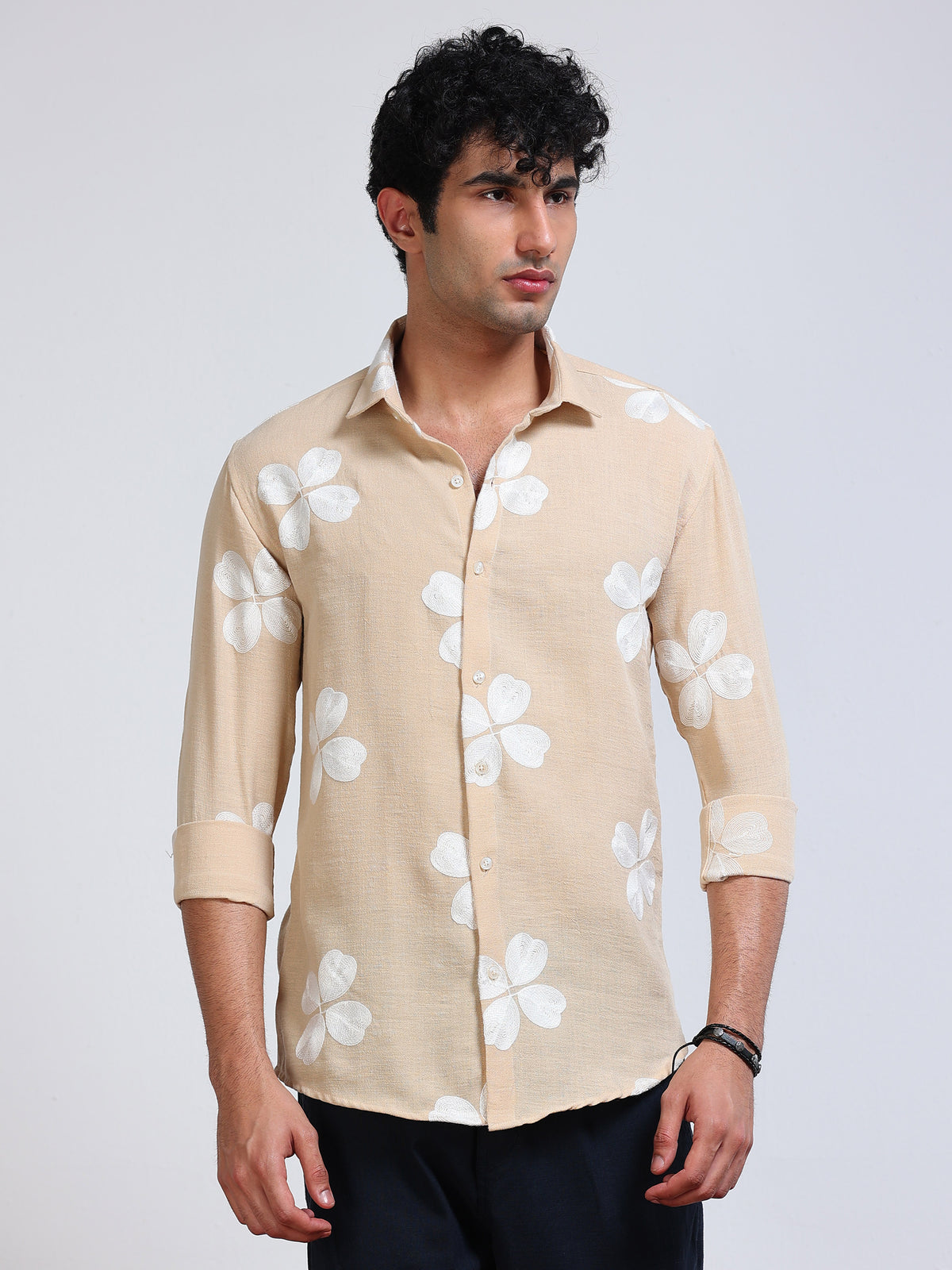 Men's Linen Beige Clover Leaf Embroidery Shirt