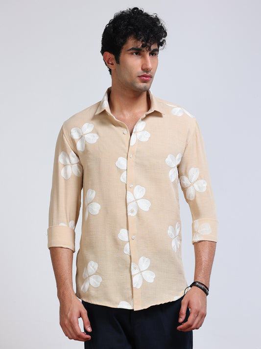 Men's Linen Beige Clover Leaf Embroidery Shirt