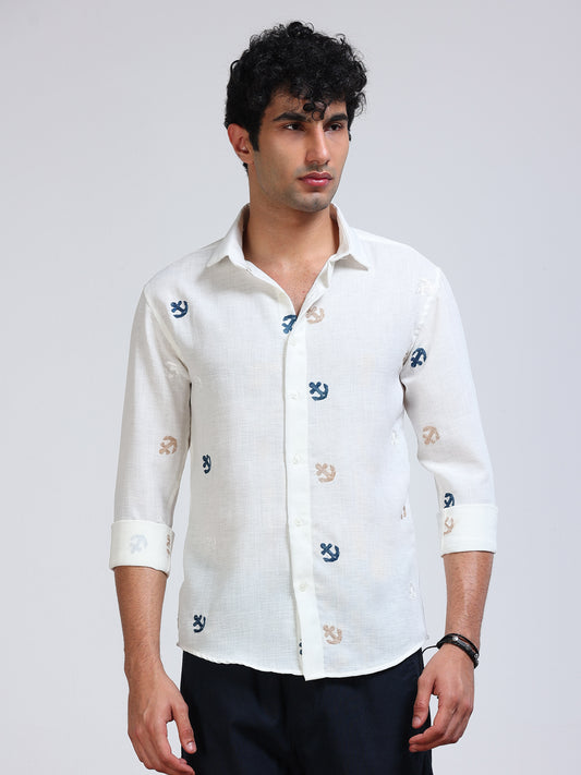 Men's Linen Off White Anchor Motif Embroidery Shirt