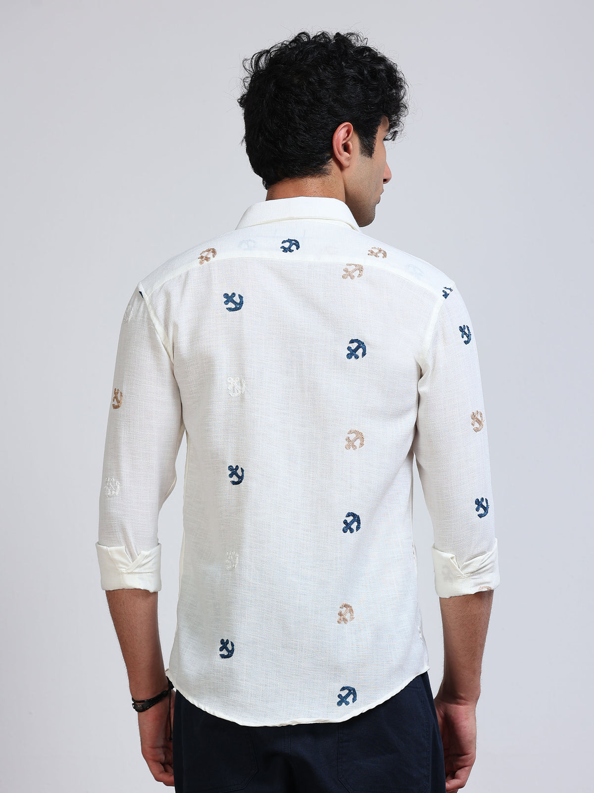 Men's Linen Off White Anchor Motif Embroidery Shirt