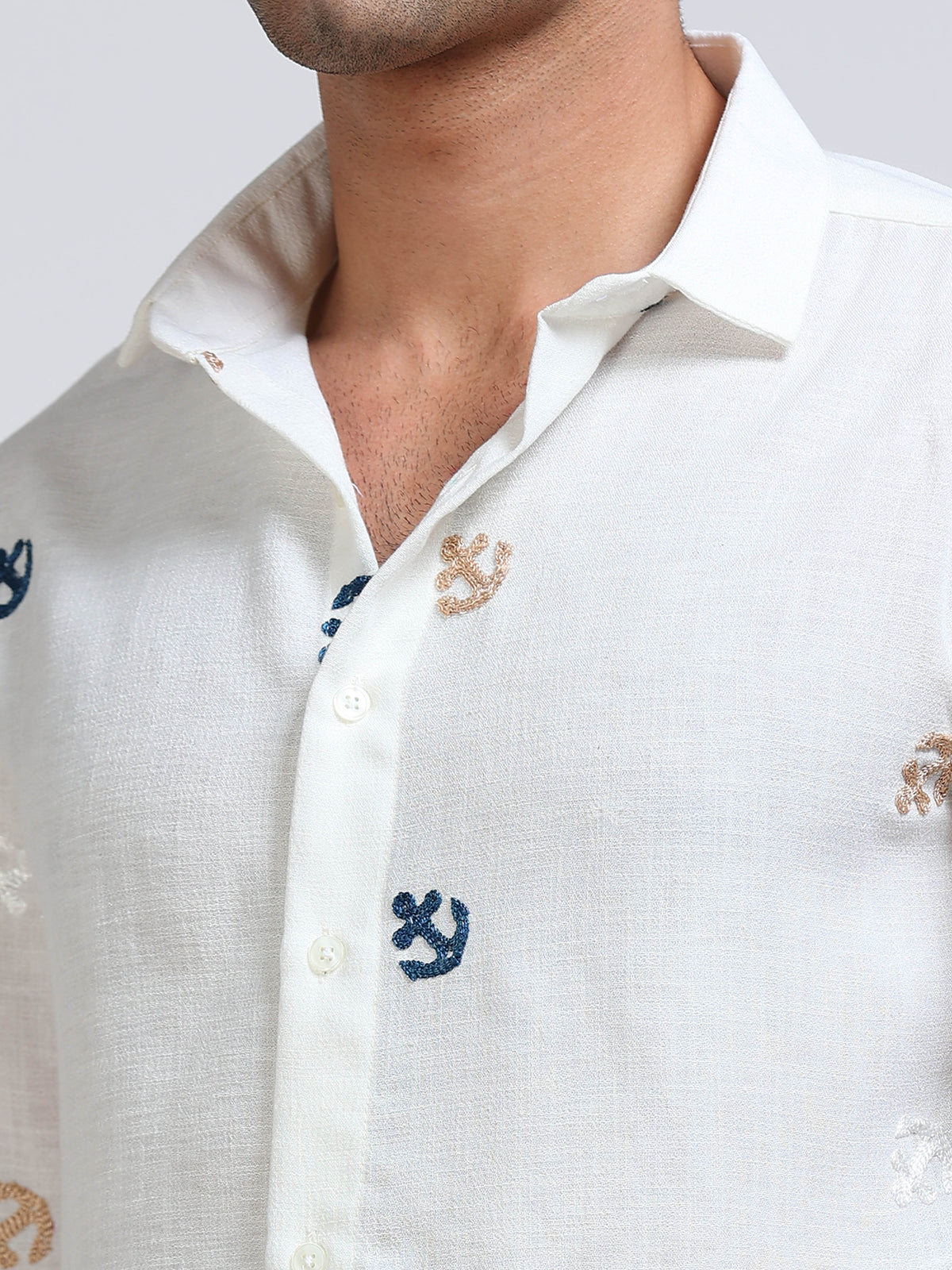 Men's Linen Off White Anchor Motif Embroidery Shirt