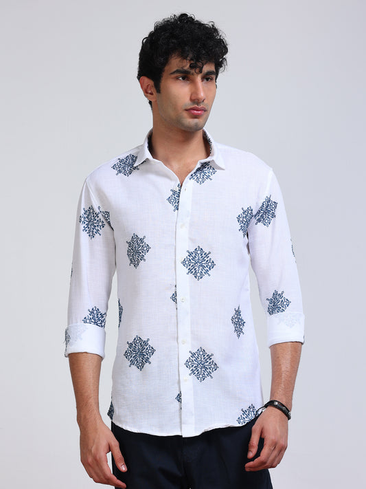 Men's Linen White Navy Tree Motif Embroidery Shirt