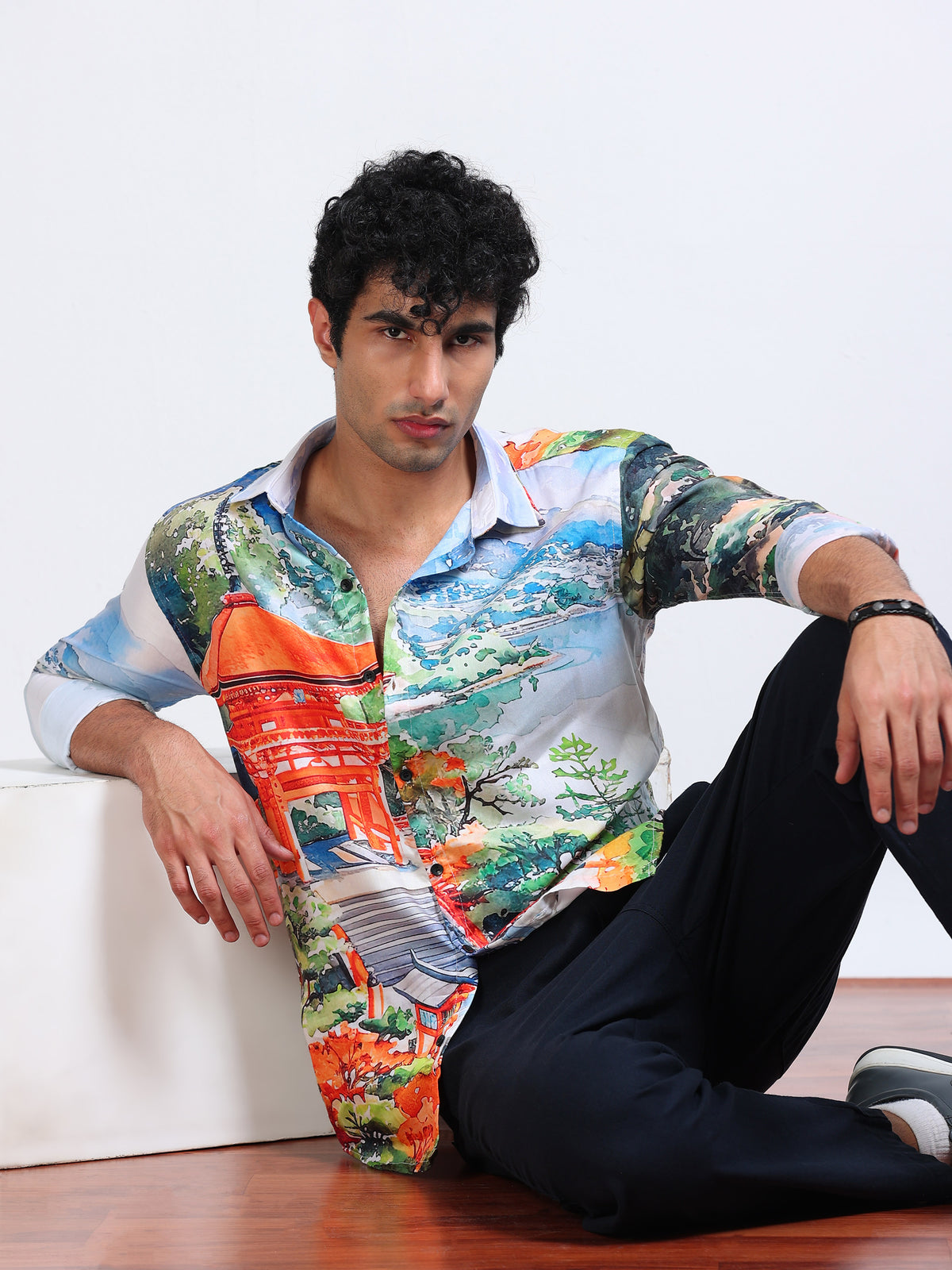 Men's Modal Satin Multicolour Scenic Landscape Printed Shirt