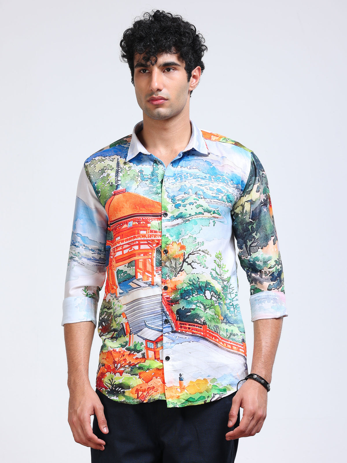 Men's Modal Satin Multicolour Scenic Landscape Printed Shirt