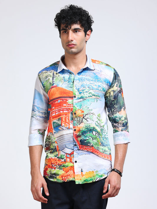 Men's Modal Satin Multicolour Scenic Landscape Printed Shirt