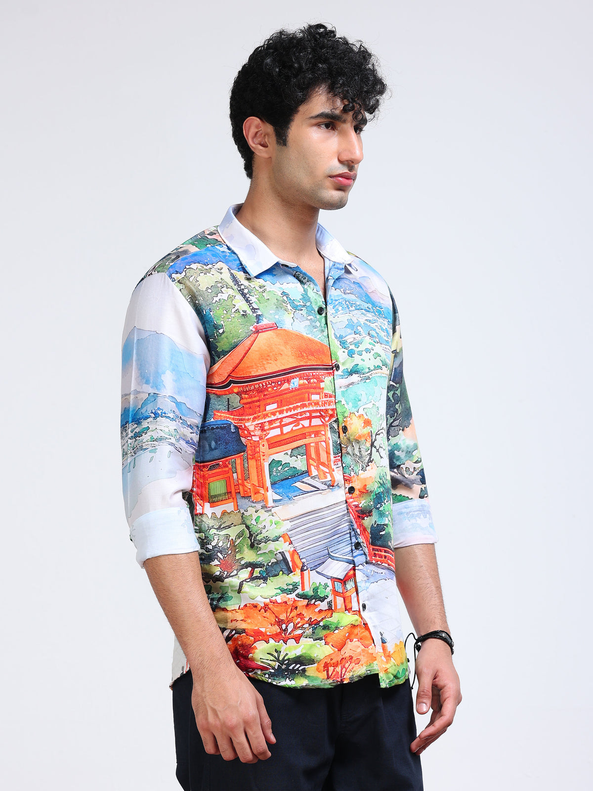 Men's Modal Satin Multicolour Scenic Landscape Printed Shirt