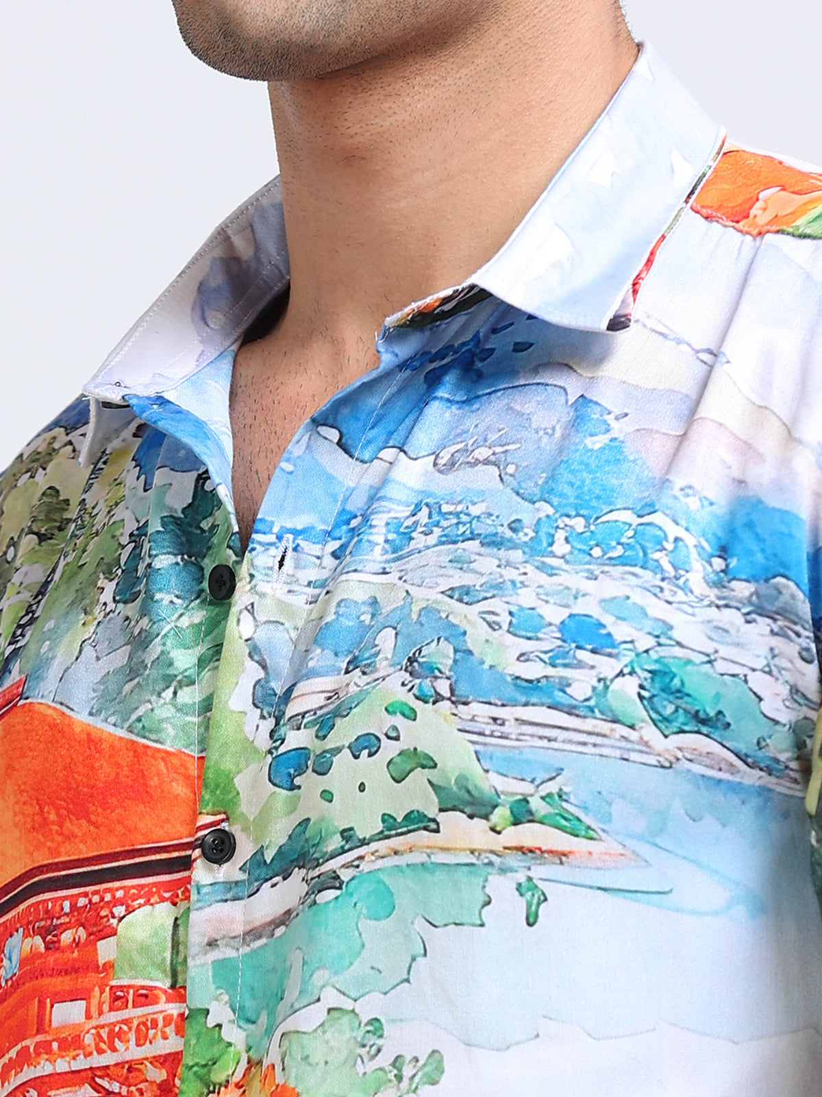 Men's Modal Satin Multicolour Scenic Landscape Printed Shirt