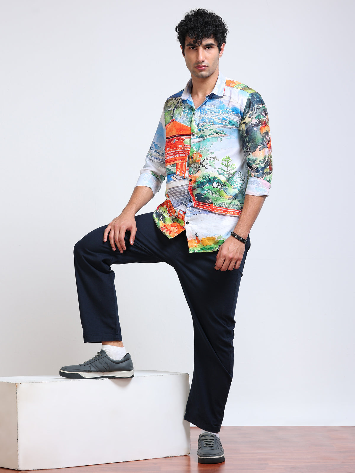 Men's Modal Satin Multicolour Scenic Landscape Printed Shirt