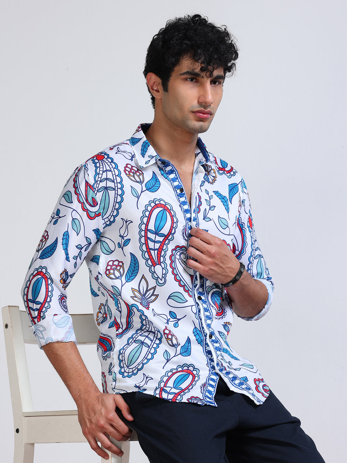 Men's Modal Satin White Blue Paisley Printed Shirt