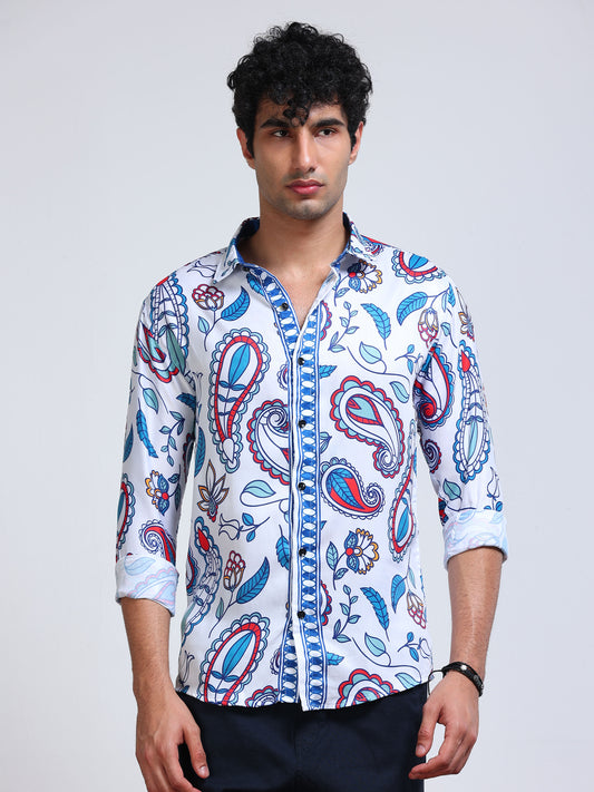 Men's Modal Satin White Blue Paisley Printed Shirt